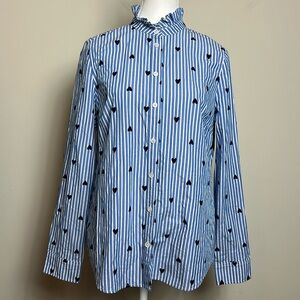 J. Crew Blue and White Striped Button Down Shirt with Ruffle Collar Size M
